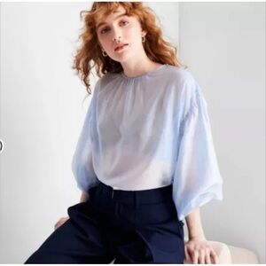 Future Collective Light Blue Semi Sheer Balloon Puff Sleeve Blouse | NWT